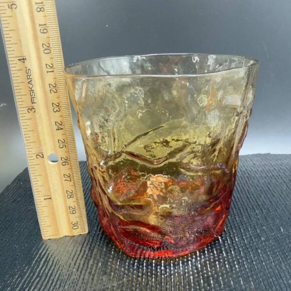 1970s Seneca Driftwood Amber Crinkle Glass‎ Glasses Tumblers Cups Set 3 Vintage